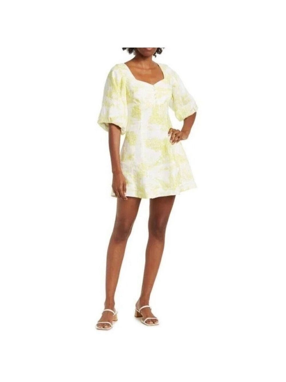 NICHOLAS Lydia Linen Puff Sleeve Mini Dress in Varley Toile Limeade Size 6